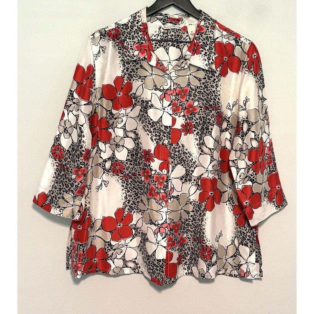 French Laundry 100% Silk Blouse Sz XL Floral Animal Print Boho Artsy